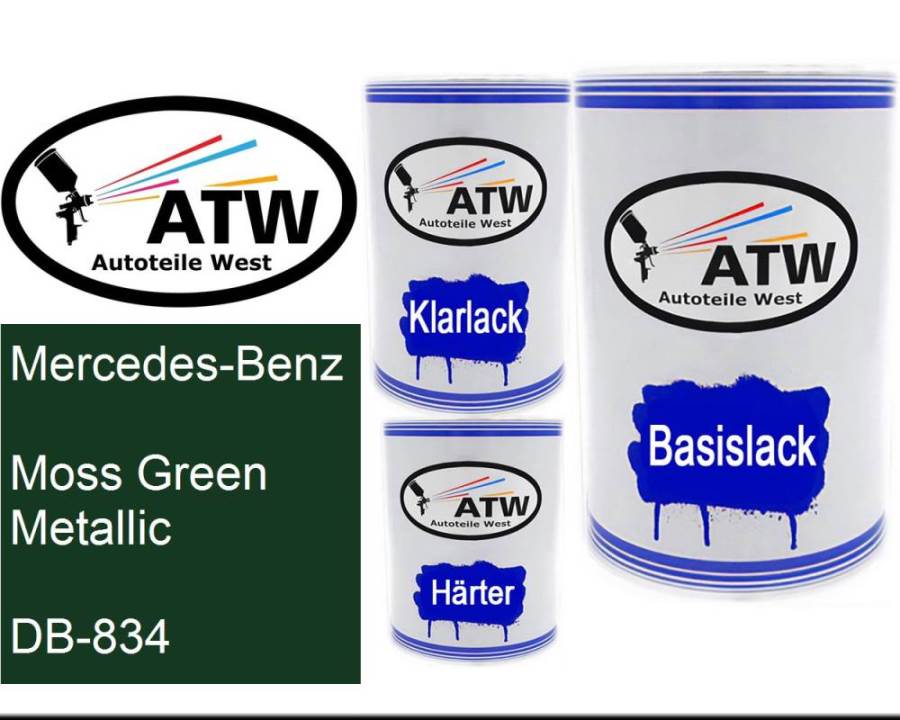 Mercedes-Benz, Moss Green Metallic, DB-834: 500ml Lackdose + 500ml Klarlack + 250ml Härter - Set, von ATW Autoteile West.